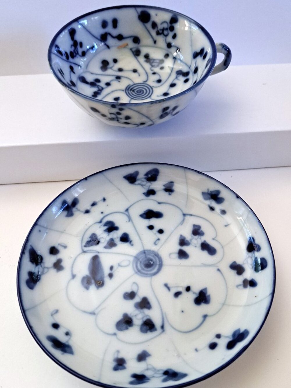 ASIAN INSPIRED TEACUP W/ BLUE FLOWER DESIGN ON WHITE PORCELAIN DEMITASSE SIZE